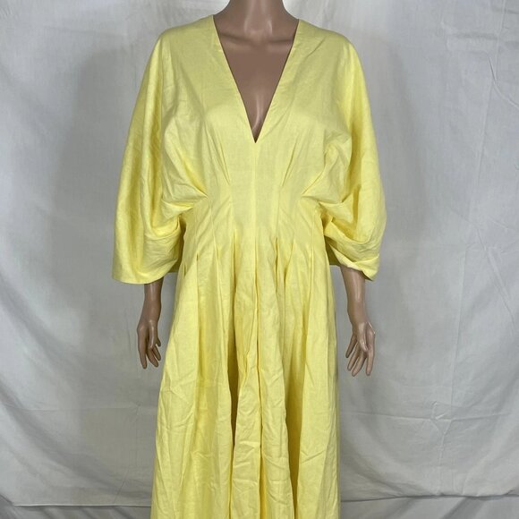 NEW FOREVER AMELIA Ruth Pleated Midi Dress Yellow Size US 20 / UK 24 | Linen - Picture 1 of 6